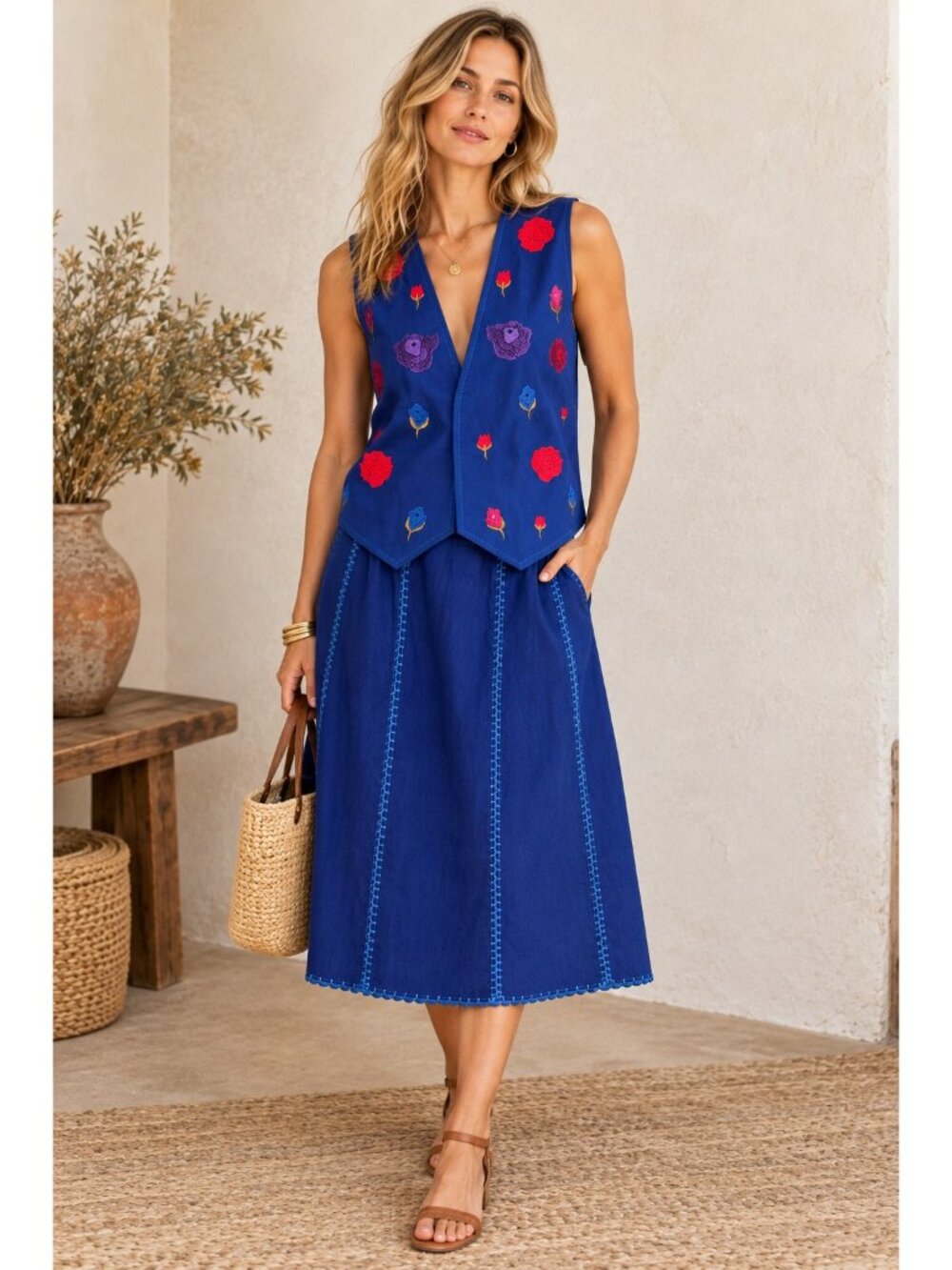 Vintage Two Piece Cobalt Blue Floral Embroidered Skirt + Vest Set S